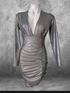 Day G Silver Holographic  Ruched Plunge Long Sleeve Mini Dress